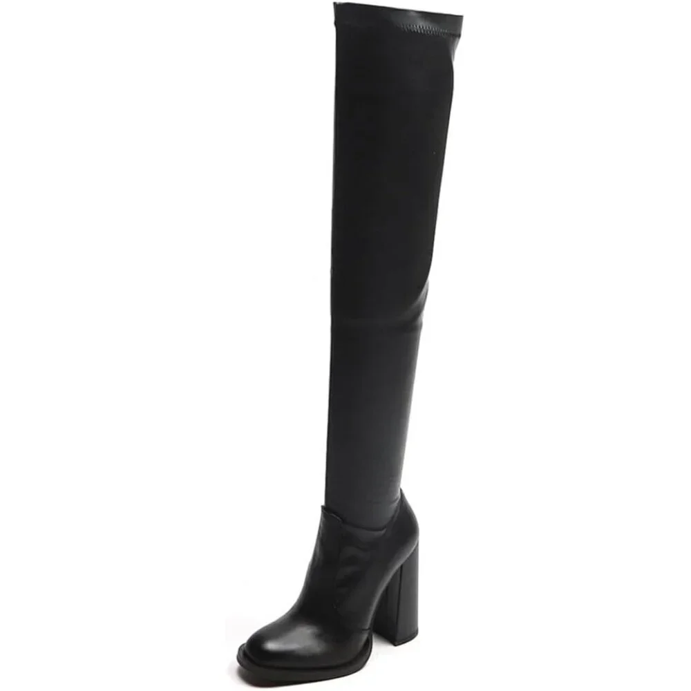 🆕Women Black Leather Over The Knee Thigh High Chunky Heel Pointed Toe Long Boot